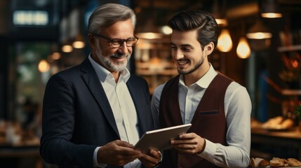 A senior man's friendly mentorship moment with a younger restaurant worker, both grinning warmly. Generative AI