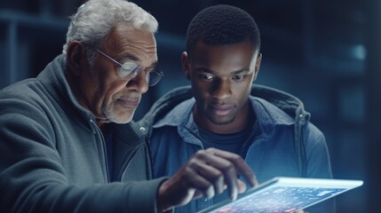 An elderly man happily assisting a young office colleague with a smile. Generative AI