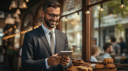 In a restaurant, a middle age man smiling and working online on a gadget. Generative AI