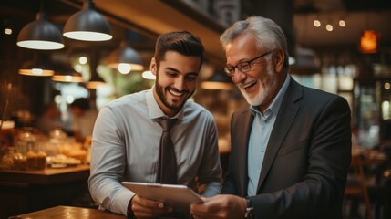 A cheerful elderly gentleman guiding a youthful colleague in the restaurant industry, both sharing smiles. Generative AI - obrazy, fototapety, plakaty