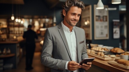 In a restaurant, a middle age man working online on a gadget. Generative AI