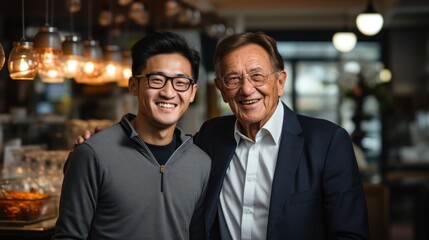 A portrait capturing a senior man's mentoring role in the restaurant industry, both him and the junior employee beaming with delight. Generative AI