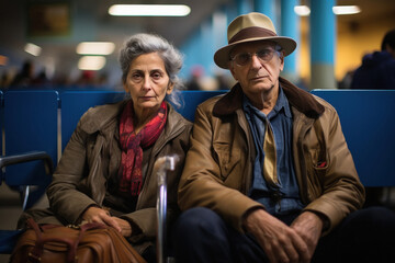 Senior couple sitting on chair. serious face expression
