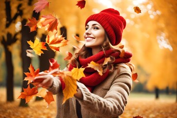 Naklejka na ściany i meble smiling young woman in red hat throwing autumn leafs 