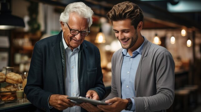 In a restaurant setting, a senior man joyfully assisting a junior colleague while both wear smiles. Generative AI