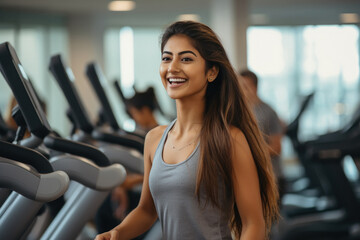 Fototapeta na wymiar beautiful woman smiling while walking on treadmill