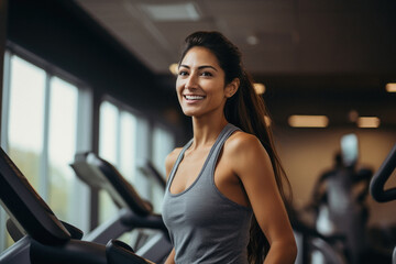 Fototapeta premium beautiful woman smiling while walking on treadmill