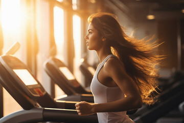 Fototapeta na wymiar beautiful muscular woman running on treadmill.