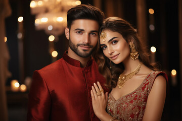 Young indian couple in traditional wear and celebrating diwali festival.