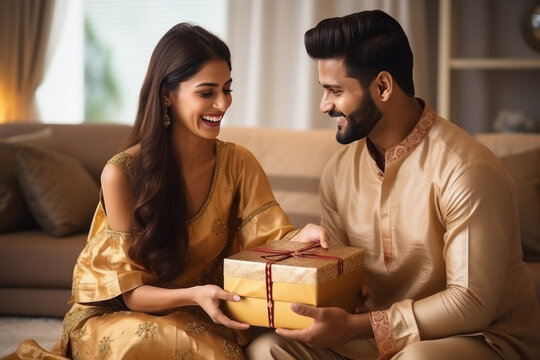 Happy Indian Couple With Gift Box