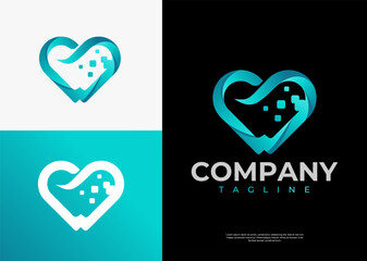 Modern technology pixel abstract dental tooth heart logo design