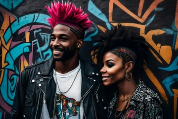 Image of attractive young black punk rock friends standing against a graffiti wall background.