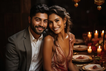 Young indian couple in a traditional clothing giving happy expression.