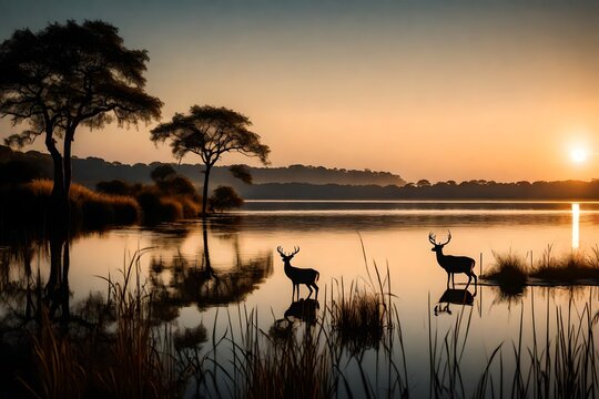 At twilight, focus on the silhouettes of animals against the backdrop of a serene landscape – a deer by the water's edge, a bird on a branch – celebrating the coexistence of life and nature.  