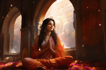 Young woman in hinduism getup and praying at temple.