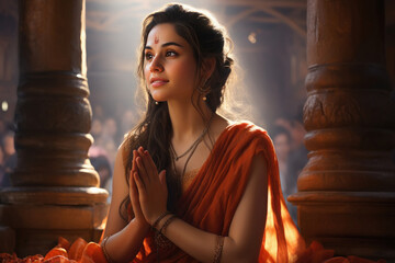 Young woman in hinduism getup and praying at temple