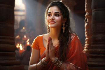 Young woman in hinduism getup and praying at temple