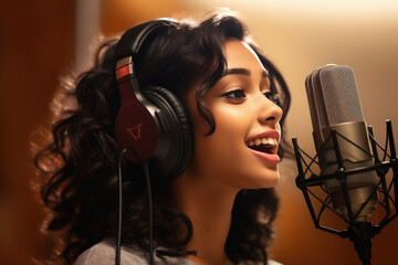 Happy young female radio host broadcasting in studio