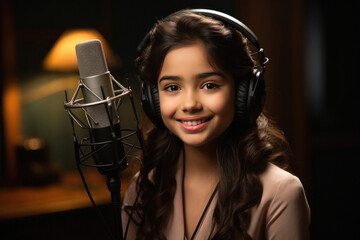 Happy young female radio host broadcasting in studio