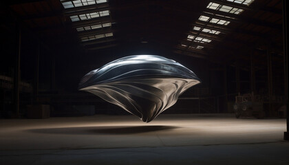 Alien UAP with an organic form hovering in a military hangar