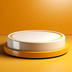 podium blank, yellow background, in the style of circular abstraction, 3D rendering, clay material, isometric, tonalist, smooth shiny, yellow and white, spot light, lively tableaus, rim light,