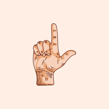 L letter logo in a deaf-mute hand gesture alphabet. Hand drawn vector illustration isolated on brown background.