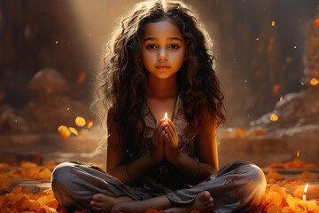 Indian little girl praying or namaste gesture - obrazy, fototapety, plakaty