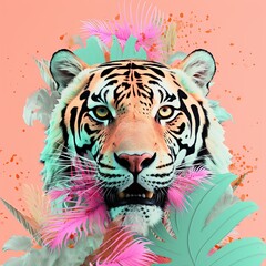 Naklejka premium This vibrant and captivating painting of a tiger surrounded by colorful pink and blue leaves creates a mesmerizingly wild atmosphere that captures the beauty of the animal kingdom