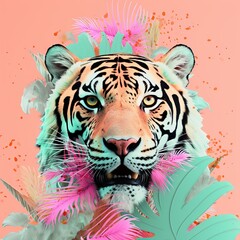 This vibrant and captivating painting of a tiger surrounded by colorful pink and blue leaves creates a mesmerizingly wild atmosphere that captures the beauty of the animal kingdom