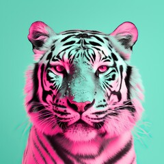 A majestic white tiger with vibrant pink and black stripes gracefully prowls, its snout and whiskers twitching with curiosity as it surveys its colorful new home