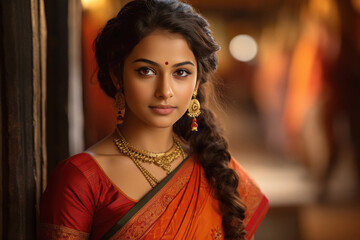 Beautiful Indian woman in traditional saree and jewelry.