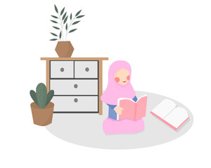 Muslim Girl Read a Book Illustration