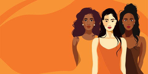 Banner horizontal vector women's day. A group of beautiful gentle women with different beauty, skin color. Place for text. Women's rights, independence and gender equality