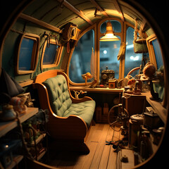 inside a miniture wooden toy submarine cabin. it is cozy and a marionette of an old captain sits in a chair looking out at the sea through a window