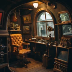 Fotobehang inside a miniture wooden toy submarine cabin. it is cozy and a marionette of an old captain sits in a chair looking out at the sea through a window © نيلو ڤر