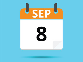 8 September. Flat icon calendar isolated on blue background. Vector illustration.