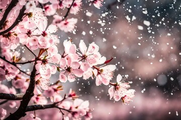 The delicate petals of a cherry blossom tree caught in a gentle breeze, creating a snowfall of pink.  