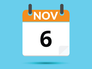 6 November. Flat icon calendar isolated on blue background. Vector illustration.