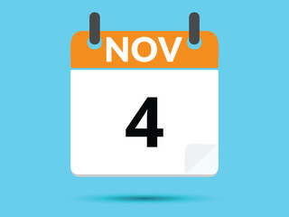 4 November. Flat icon calendar isolated on blue background. Vector illustration.