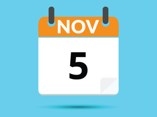 Fototapeta premium 5 November. Flat icon calendar isolated on blue background. Vector illustration.
