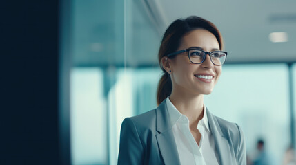 Young, Cheerful Businesswoman in Glasses Laughs Happily, Eyes Copy Space for Job Opportunities and Exceptional Business Services.