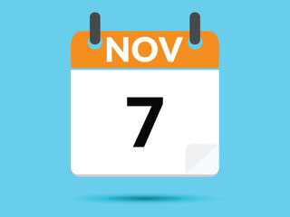 7 November. Flat icon calendar isolated on blue background. Vector illustration.