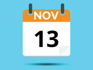 13 November. Flat icon calendar isolated on blue background. Vector illustration.