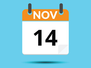 14 November. Flat icon calendar isolated on blue background. Vector illustration.