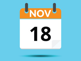18 November. Flat icon calendar isolated on blue background. Vector illustration.