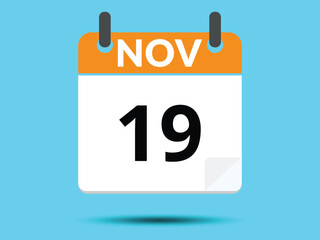 19 November. Flat icon calendar isolated on blue background. Vector illustration.