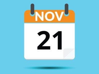 21 November. Flat icon calendar isolated on blue background. Vector illustration.