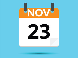 23 November. Flat icon calendar isolated on blue background. Vector illustration.