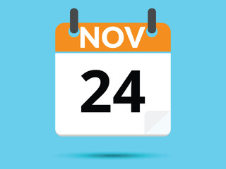 24 November. Flat icon calendar isolated on blue background. Vector illustration.