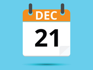 21 December. Flat icon calendar isolated on blue background. Vector illustration.